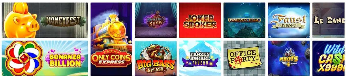 Casino slot thumbnails showing piggy bank slots, train-themed games, fishing slots, fantasy titles, and bonus features