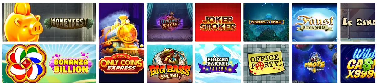 Casino slot thumbnails showing piggy bank slots, train-themed games, fishing slots, fantasy titles, and bonus features